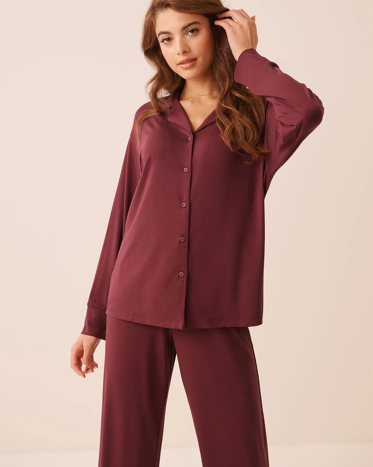 La Vie en Rose Burgundy Women Modal Long Sleeve Button-Down Shirt SKU: 60100205_50062 Image 01