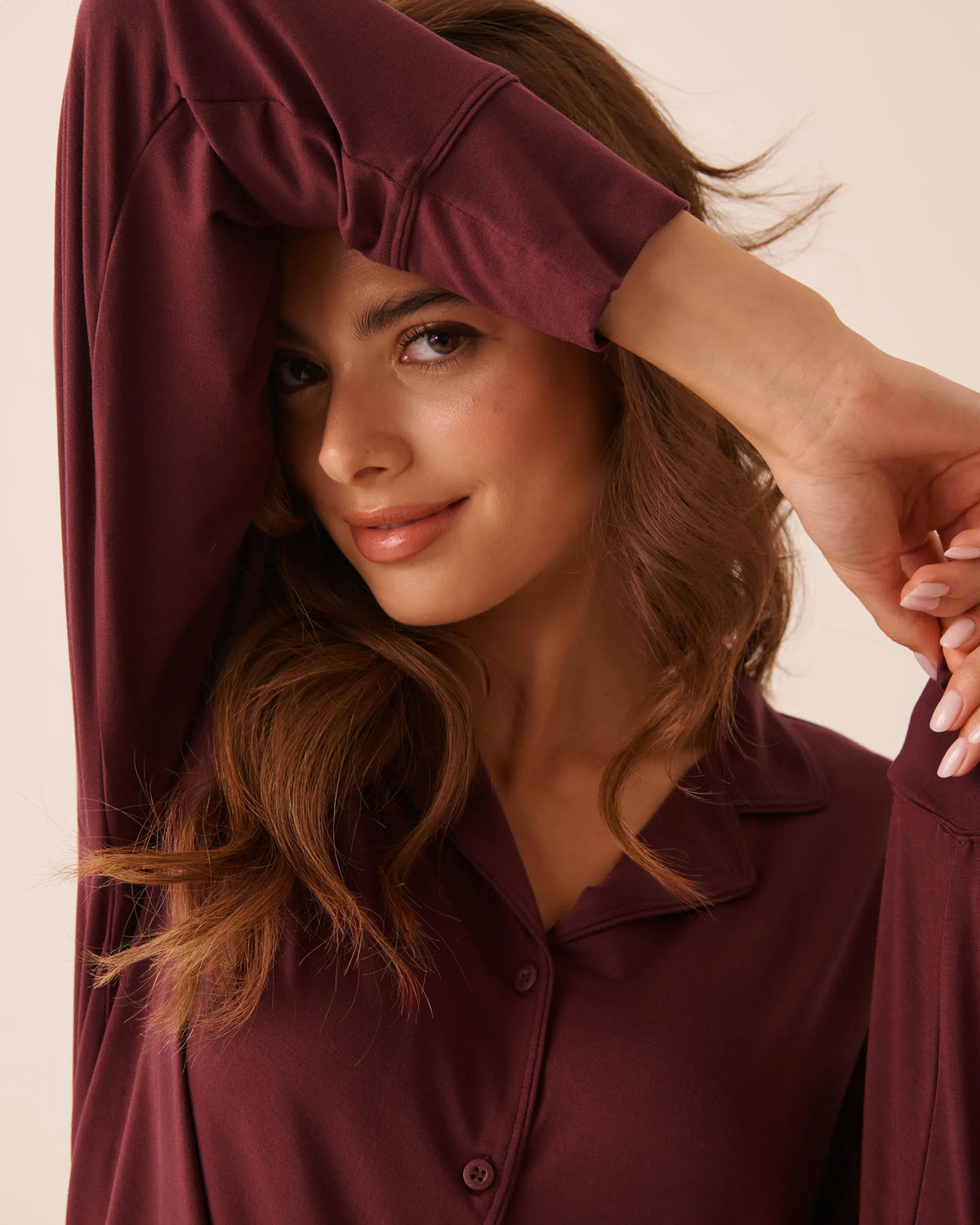 La Vie en Rose Burgundy Women Modal Long Sleeve Button-Down Shirt SKU: 60100205_50062 Image 03