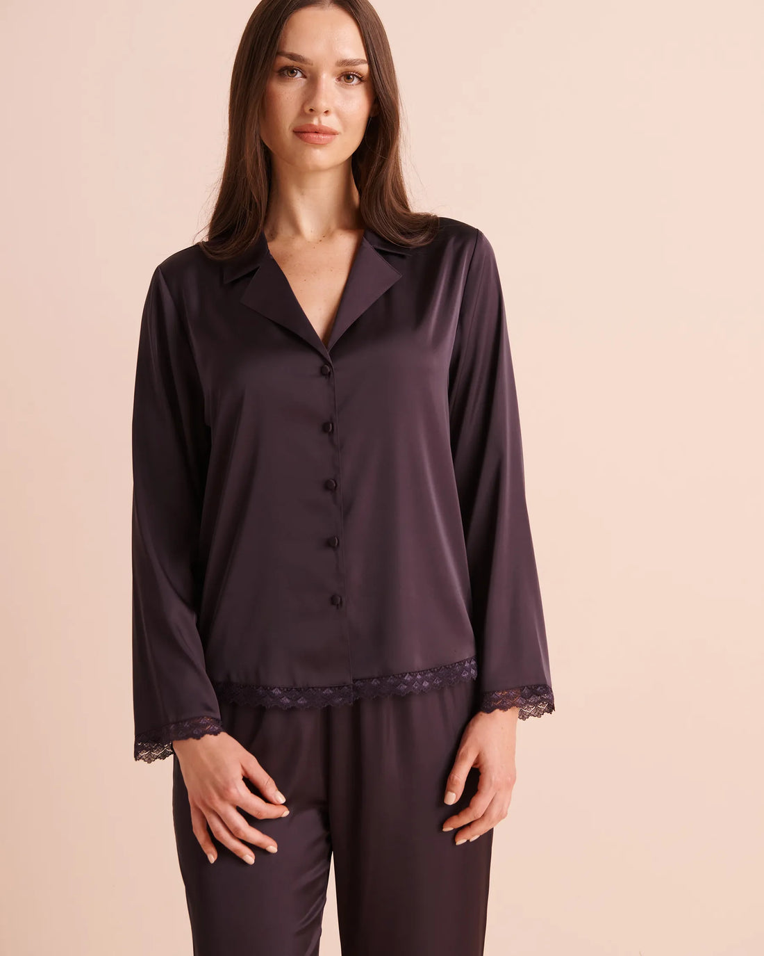 La Vie en Rose Plum Perfect Women Luxury Edition Satin Long Sleeve Button-Down Shirt SKU: 60100207_50103 Image 01
