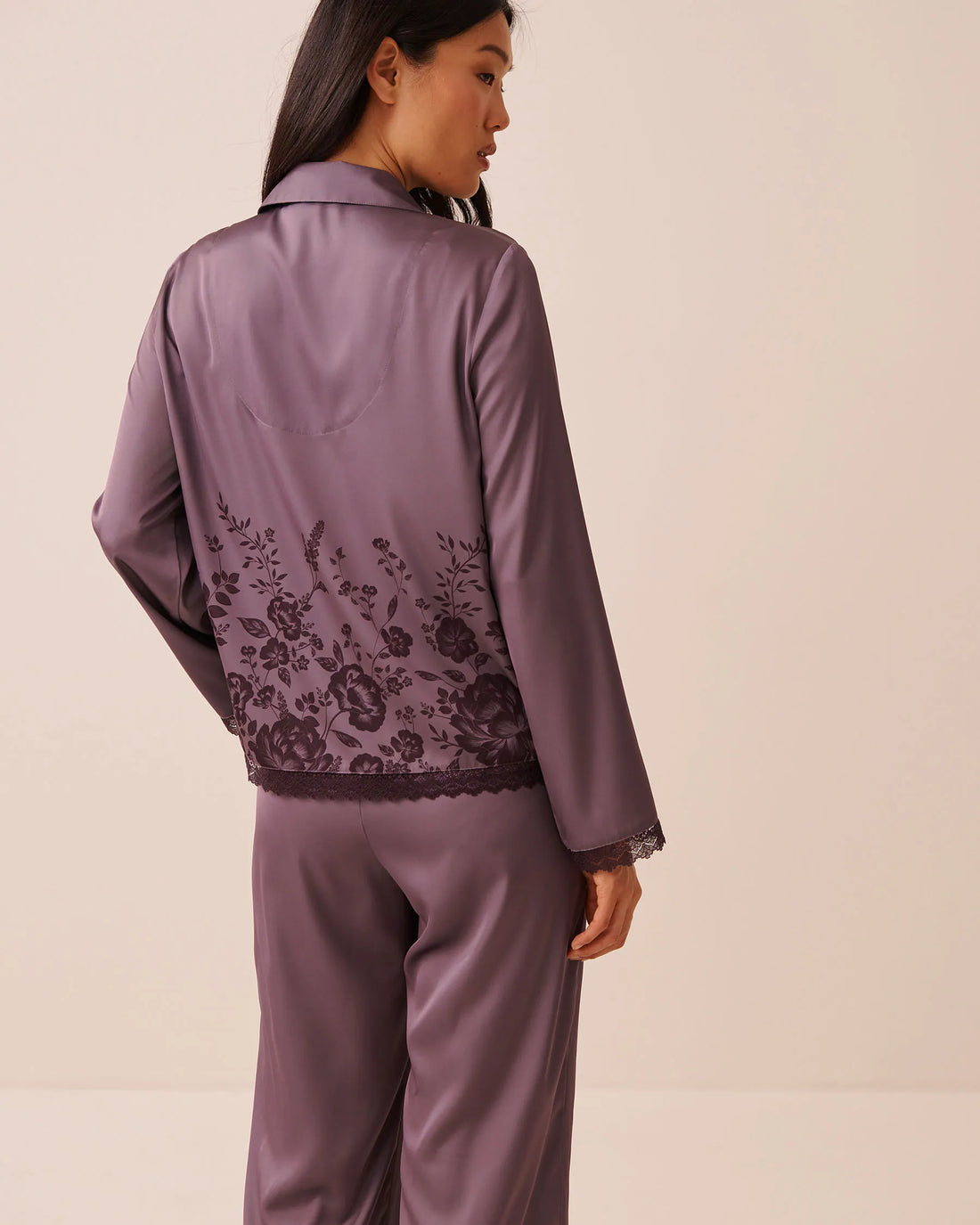 La Vie en Rose Flower Plum Bouquet Women Luxury Edition Floral Print Satin Long Sleeve Button-Down Shirt SKU: 60100207_P50118 Image 02