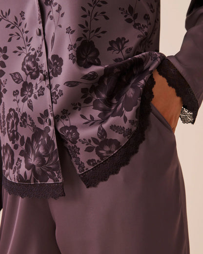 La Vie en Rose Flower Plum Bouquet Women Luxury Edition Floral Print Satin Long Sleeve Button-Down Shirt SKU: 60100207_P50118 Image 03