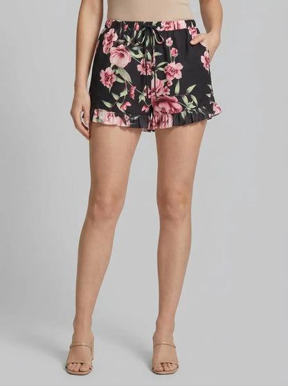 La Vie en Rose_Black &amp; Pink Flowers_Peony Print Recycled Fibers Mesh Trim Shorts_60200168_P00489_00