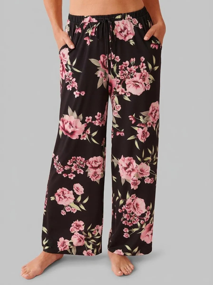 La Vie en Rose_Black &amp; Pink Flowers_Peony Print Recycled Fibers Pants_60200169_P00489_00