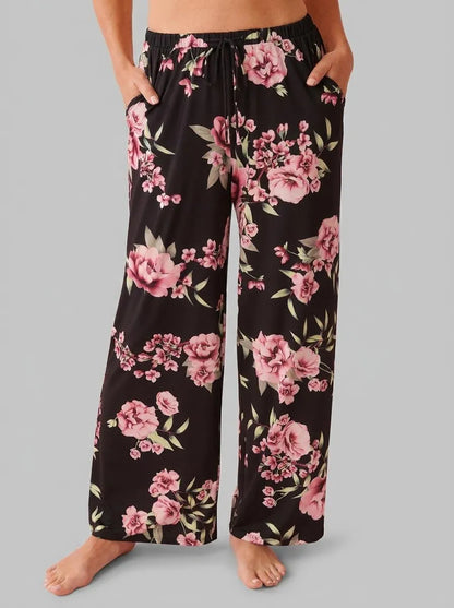 La Vie en Rose_Black &amp; Pink Flowers_Peony Print Recycled Fibers Pants_60200169_P00489_00
