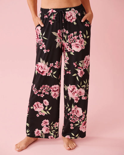 La Vie en Rose_Black &amp; Pink Flowers_Peony Print Recycled Fibers Pants_60200169_P00489_01