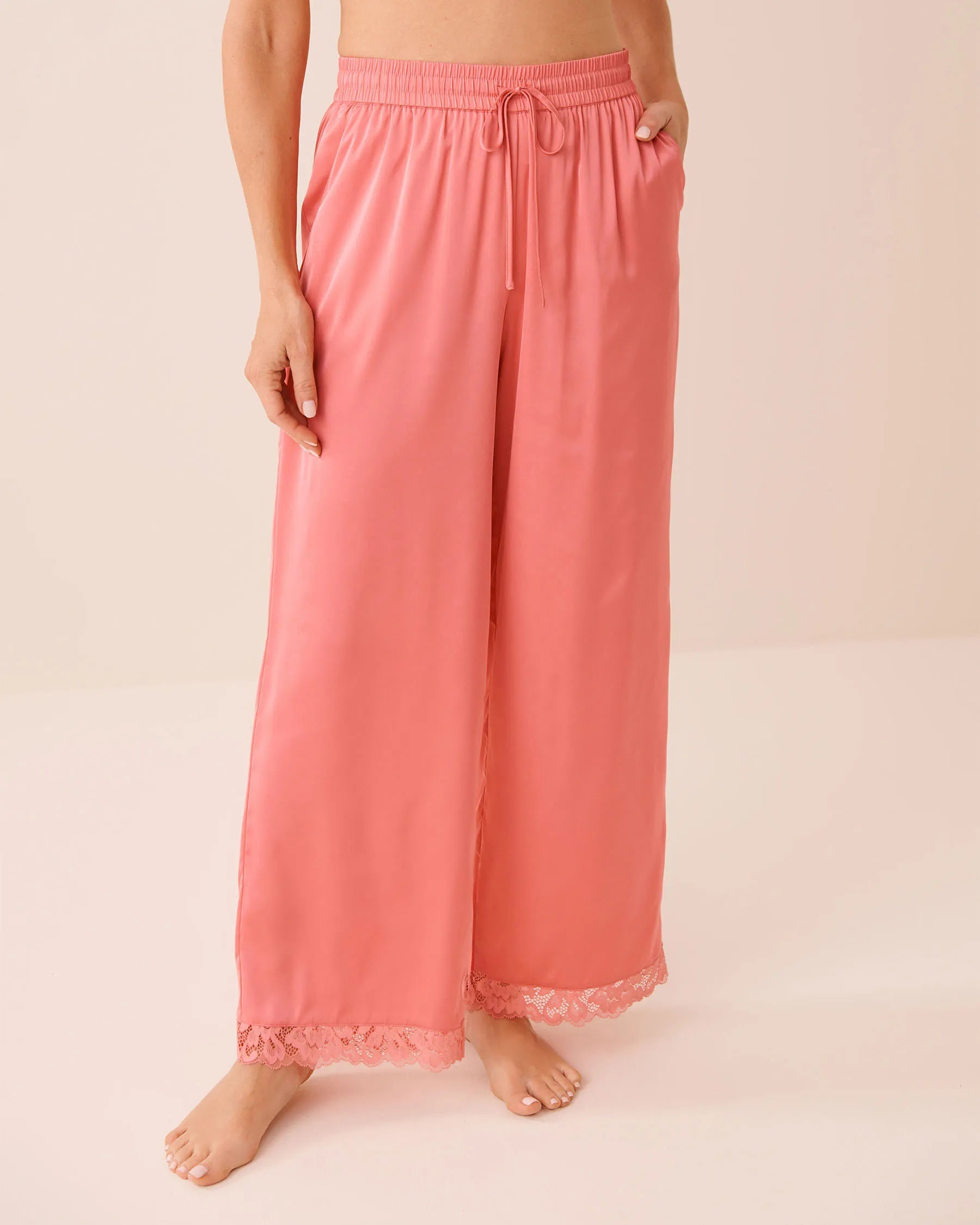 La Vie en Rose Flamingo Plume Women LUXURY EDITION Lace Trim Satin Pants SKU: 60200176_60239 Image 01