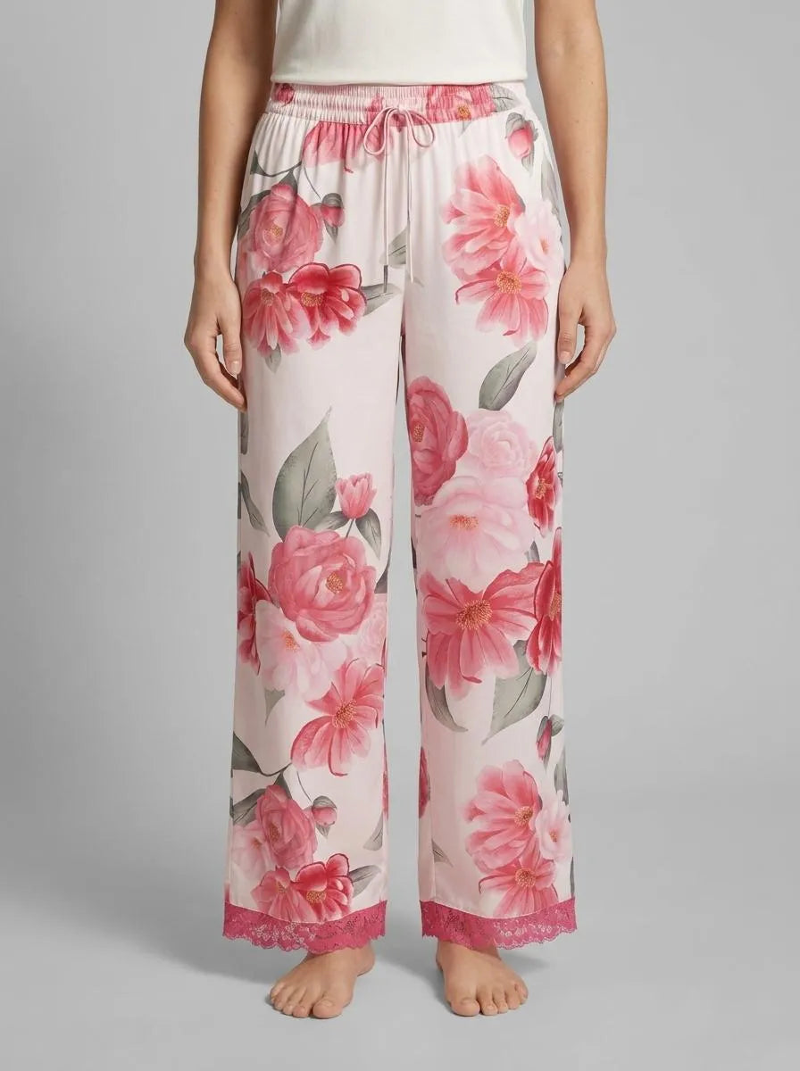 La Vie en Rose Snow White Flowers Women LUXURY EDITION Camellia Print Lace Trim Satin Pants SKU: 60200176_P10585 Image 00