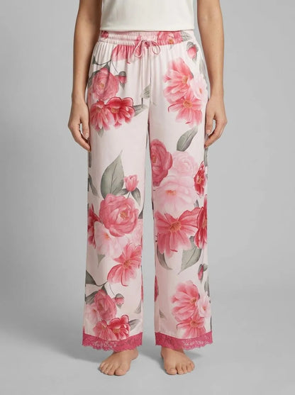 La Vie en Rose Snow White Flowers Women LUXURY EDITION Camellia Print Lace Trim Satin Pants SKU: 60200176_P10585 Image 00