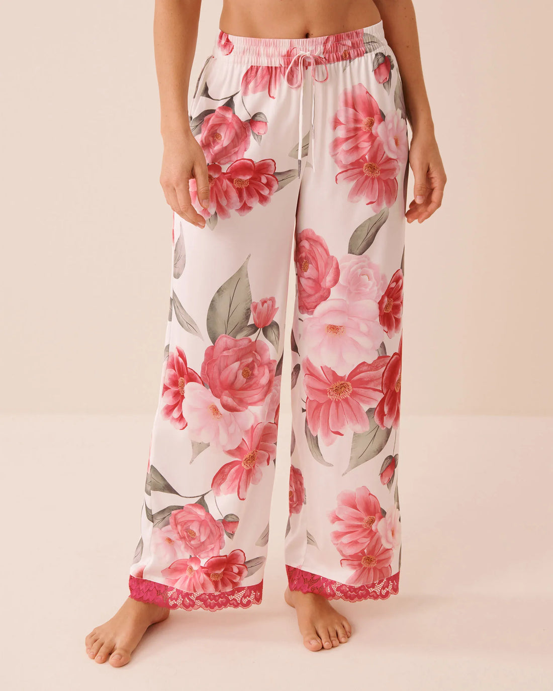 La Vie en Rose Snow White Flowers Women LUXURY EDITION Camellia Print Lace Trim Satin Pants SKU: 60200176_P10585 Image 01