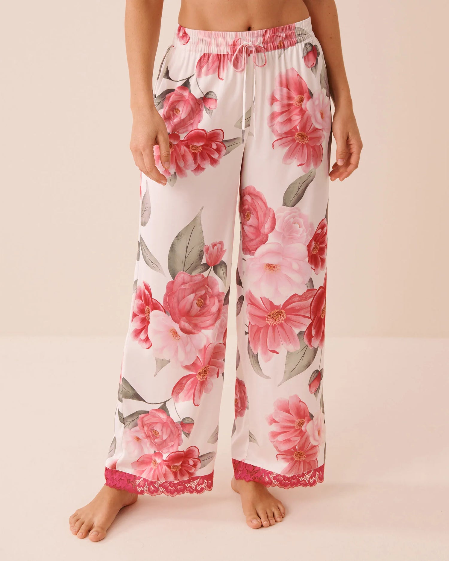 La Vie en Rose Snow White Flowers Women LUXURY EDITION Camellia Print Lace Trim Satin Pants SKU: 60200176_P10585 Image 01