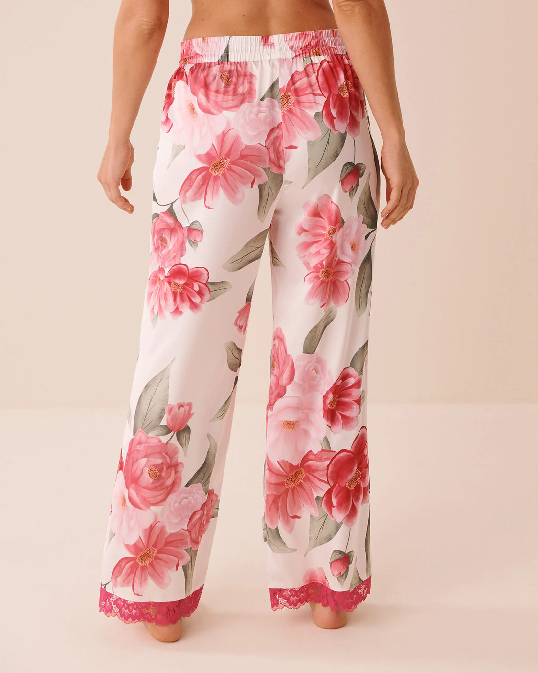 La Vie en Rose Snow White Flowers Women LUXURY EDITION Camellia Print Lace Trim Satin Pants SKU: 60200176_P10585 Image 02