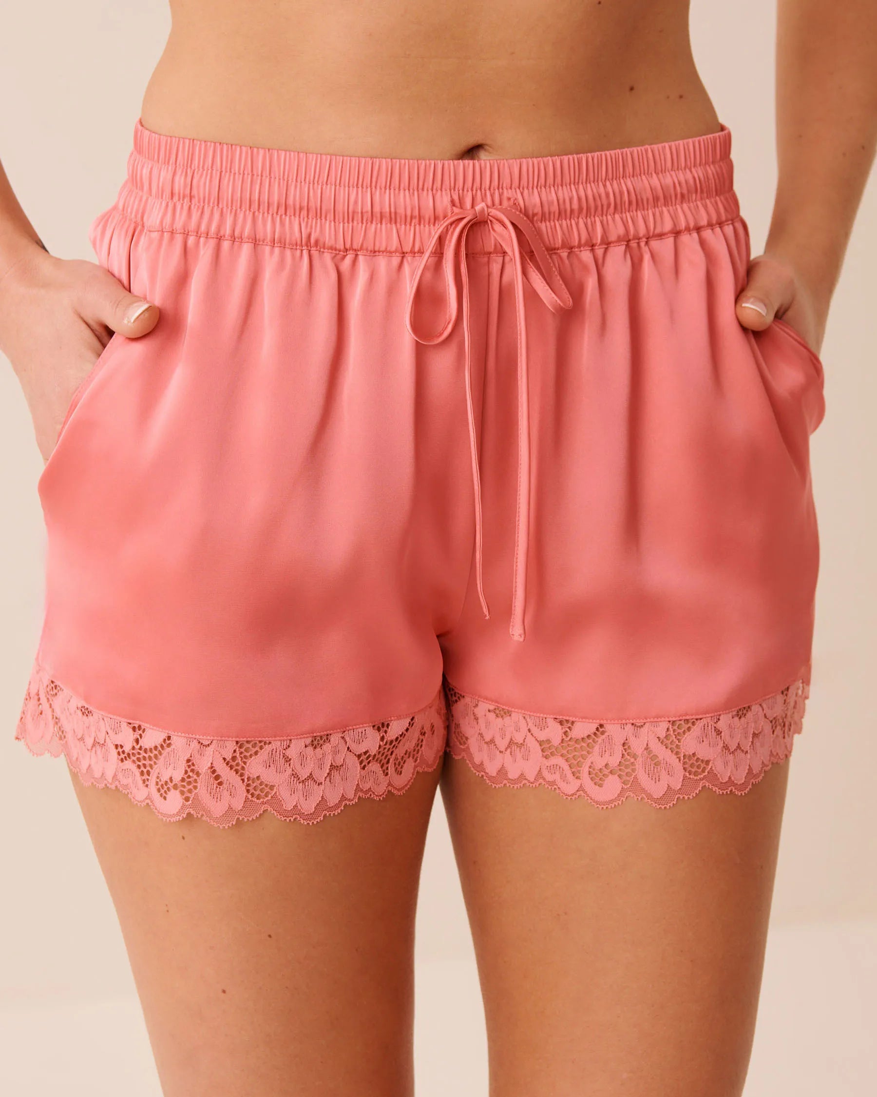 La Vie en Rose Flamingo Plume Women LUXURY EDITION Lace Trim Satin Shorts SKU: 60200177_60239 Image 01