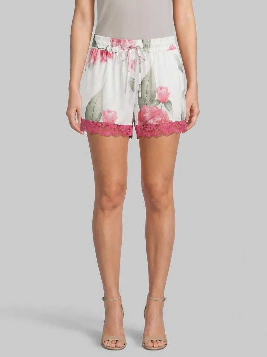 La Vie en Rose Snow White Flowers Women LUXURY EDITION Camellia Print Lace Trim Satin Shorts SKU: 60200177_P10585 Image 00