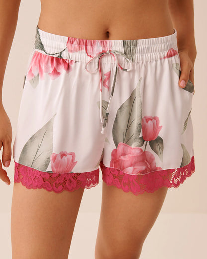La Vie en Rose Snow White Flowers Women LUXURY EDITION Camellia Print Lace Trim Satin Shorts SKU: 60200177_P10585 Image 01