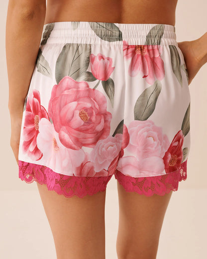 La Vie en Rose Snow White Flowers Women LUXURY EDITION Camellia Print Lace Trim Satin Shorts SKU: 60200177_P10585 Image 02