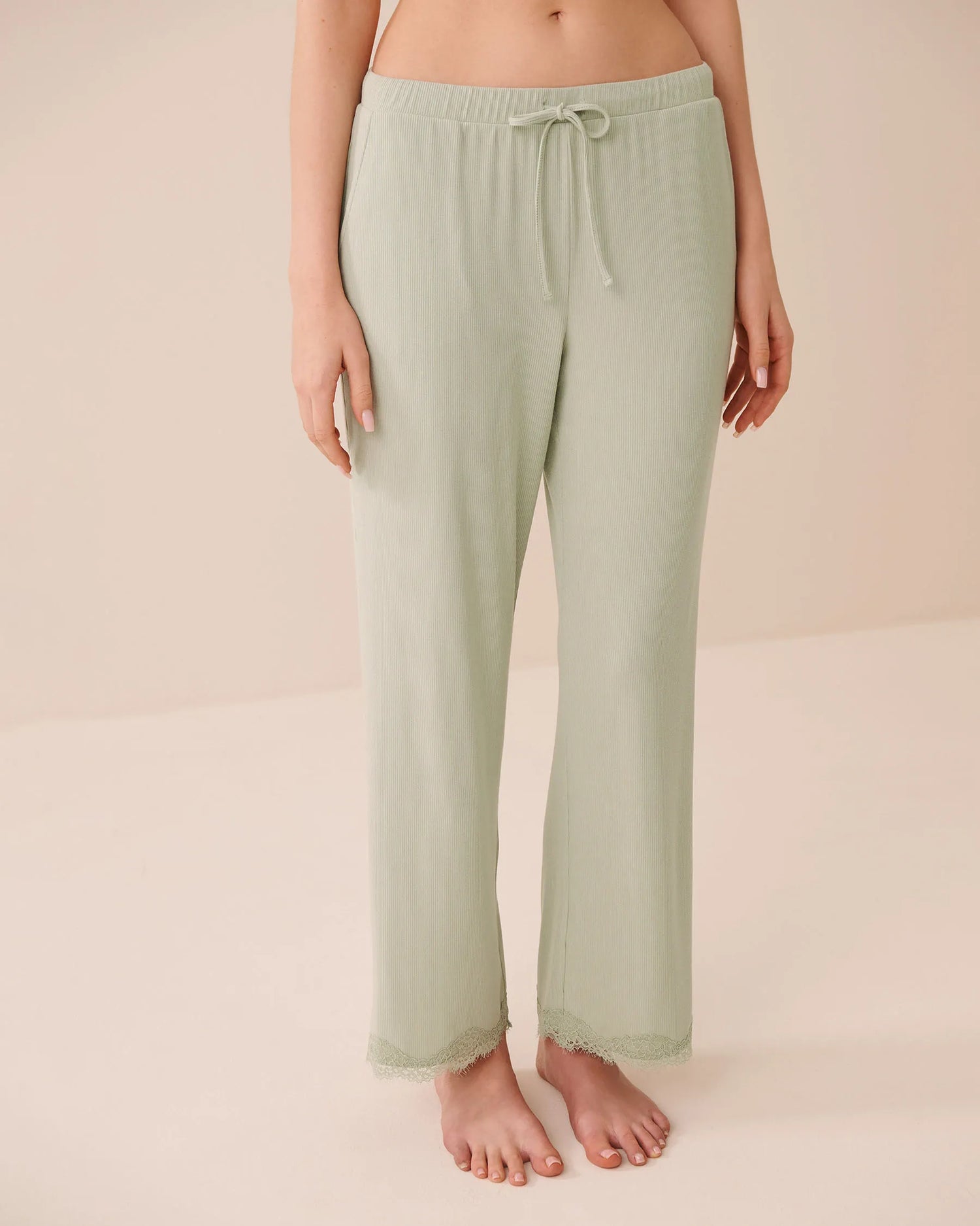 La Vie en Rose Desert Sage Women Ribbed Modal and Lace Trim Pants SKU: 60200181_30035 Image 01