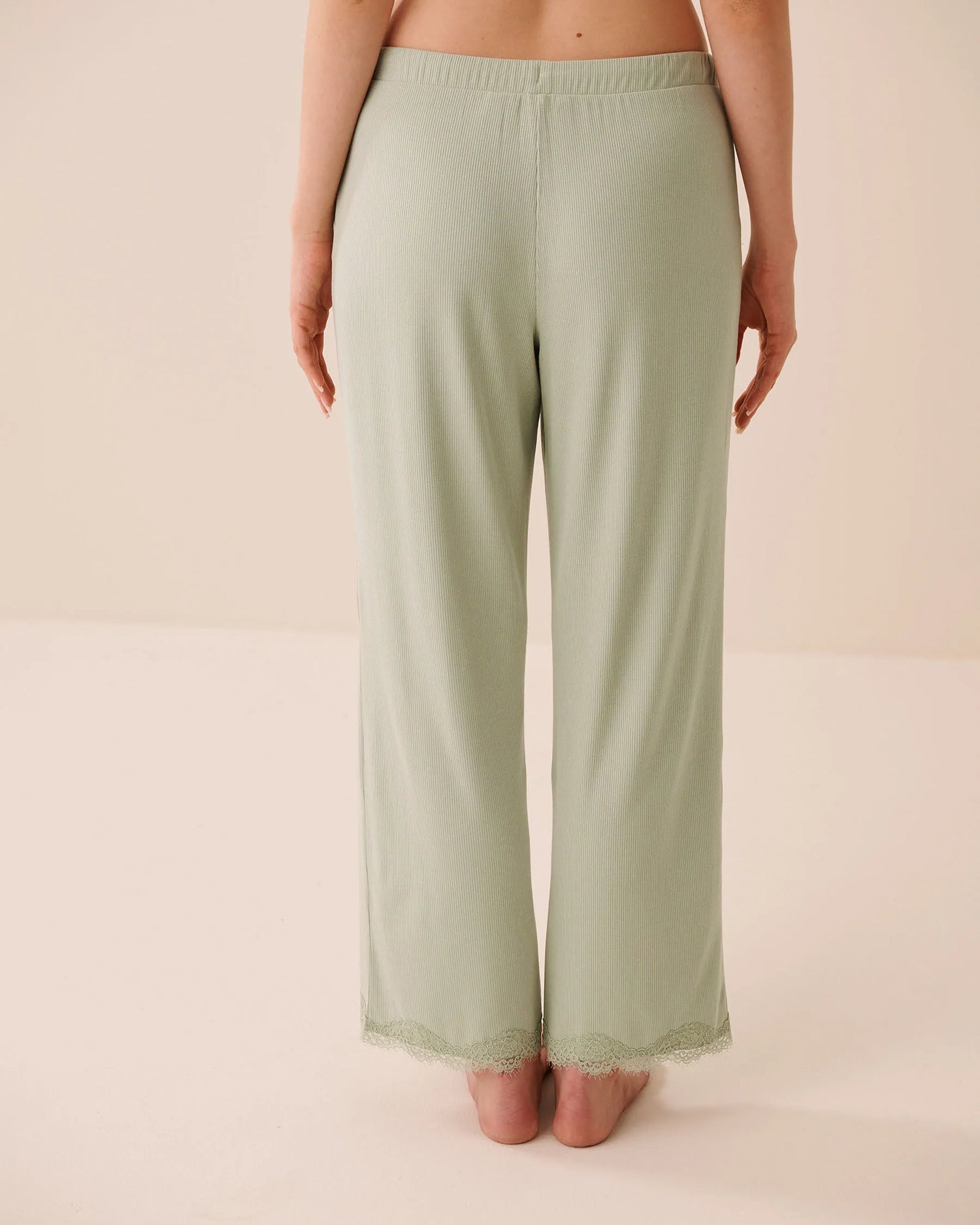 La Vie en Rose Desert Sage Women Ribbed Modal and Lace Trim Pants SKU: 60200181_30035 Image 02