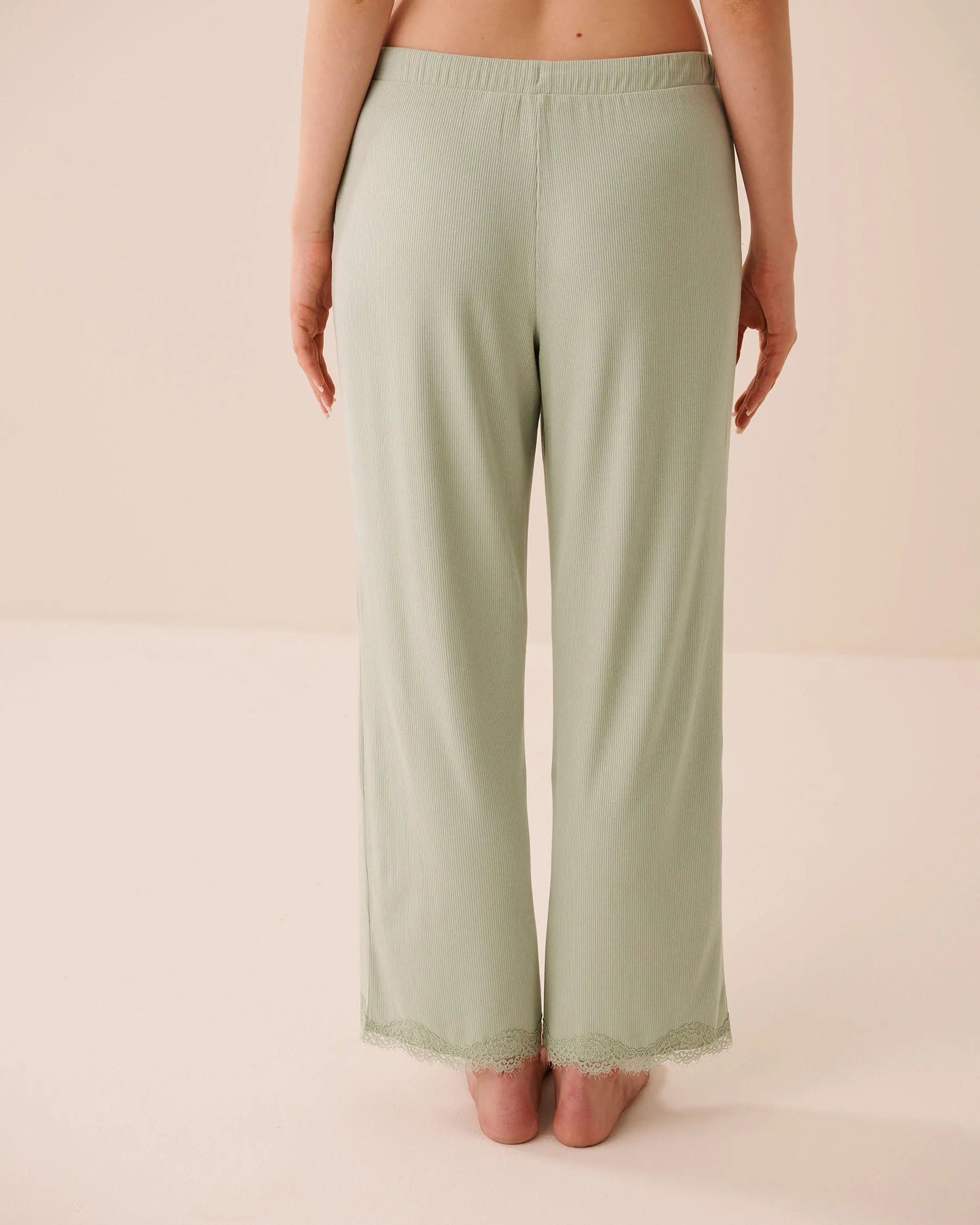 La Vie en Rose Desert Sage Women Ribbed Modal and Lace Trim Pants SKU: 60200181_30035 Image 02