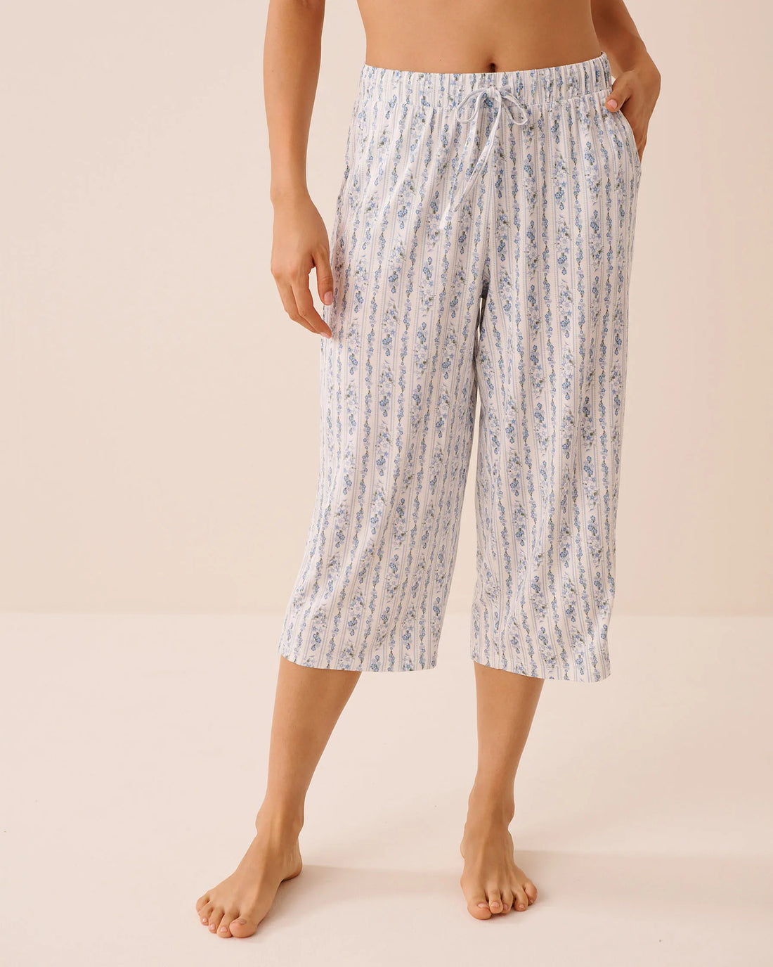 La Vie en Rose Blue Mix Stripes Women Blue Floral Print Soft Jersey Pajama Capris SKU: 60200183_P10591 Image 01