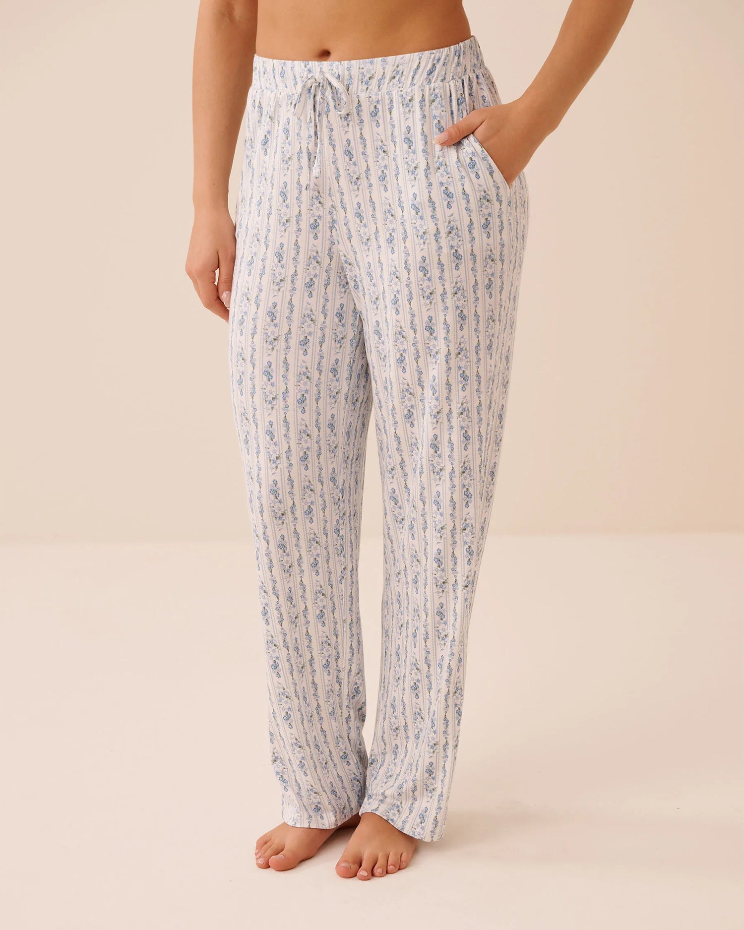 La Vie en Rose Blue Mix Stripes Women Blue Floral Print Soft Jersey Pajama Pants SKU: 60200184_P10591 Image 01