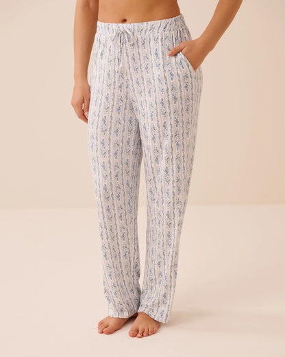 La Vie en Rose Blue Mix Stripes Women Blue Floral Print Soft Jersey Pajama Pants SKU: 60200184_P10591 Image 01