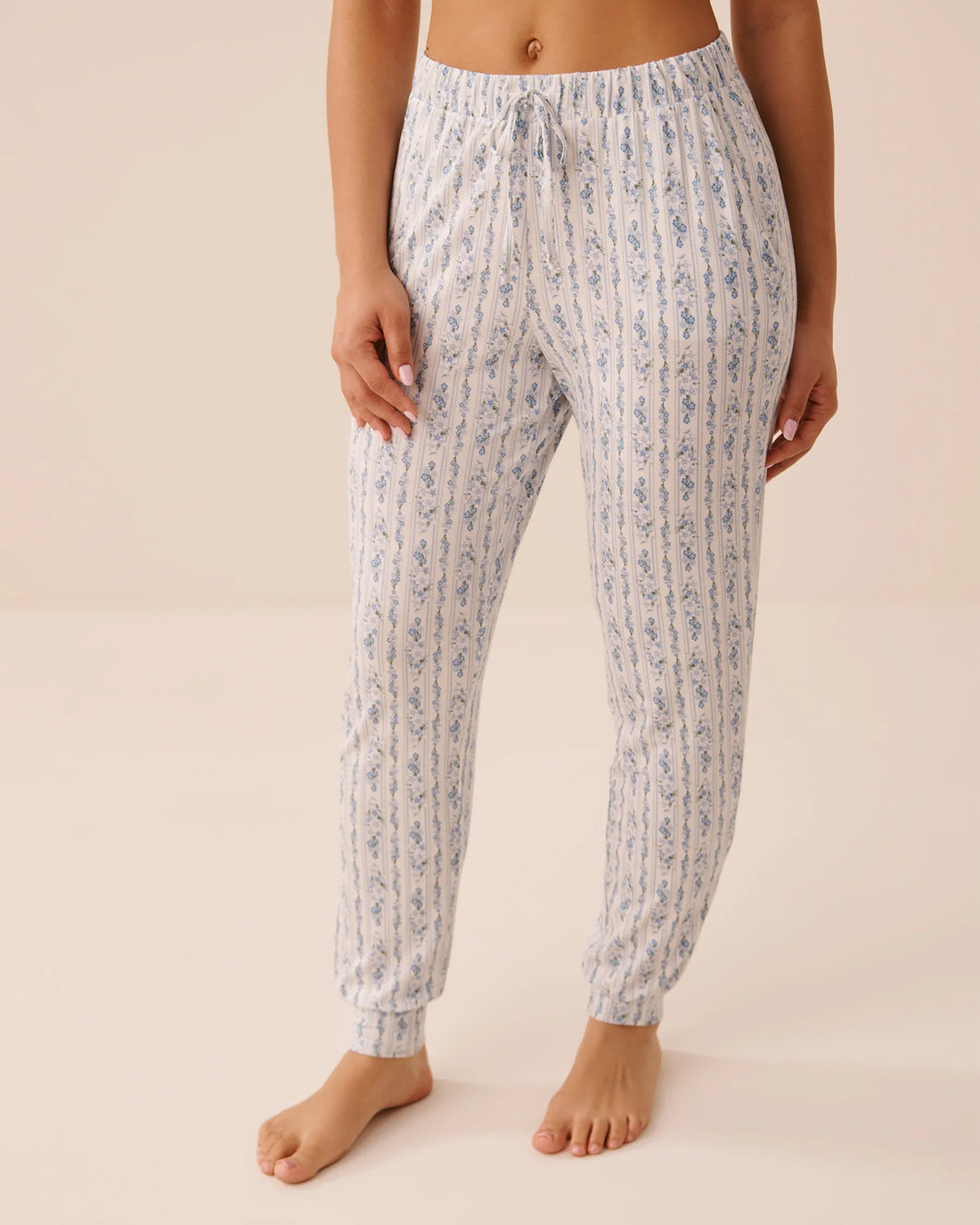 La Vie en Rose Blue Mix Stripes Women Blue Floral Print Soft Jersey Jogger Pajama Pants SKU: 60200185_P10591 Image 01