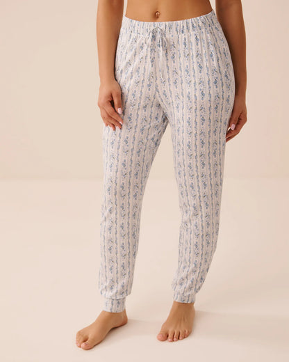 La Vie en Rose Blue Mix Stripes Women Blue Floral Print Soft Jersey Jogger Pajama Pants SKU: 60200185_P10591 Image 01