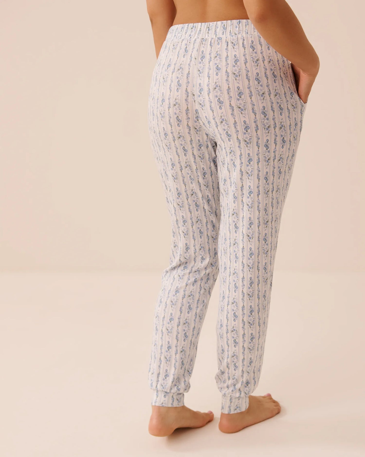 La Vie en Rose Blue Mix Stripes Women Blue Floral Print Soft Jersey Jogger Pajama Pants SKU: 60200185_P10591 Image 02