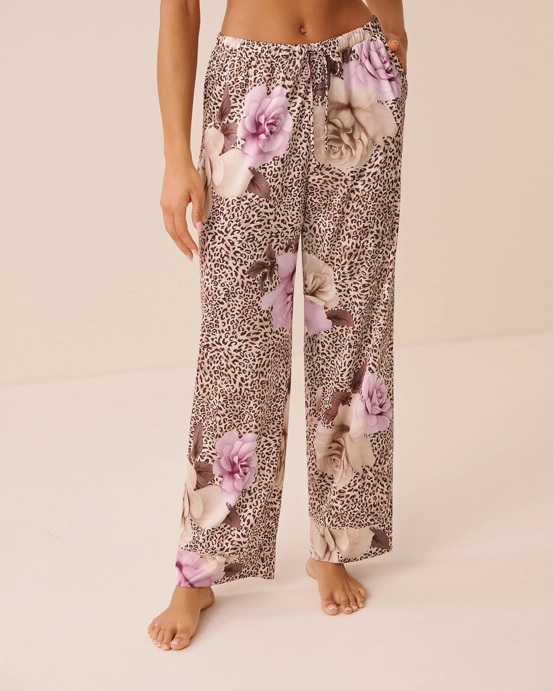 La Vie en Rose Leopard Garden Women Luxury Edition Floral Leopard Print Satin Pants SKU: 60200197_P20099 Image 02