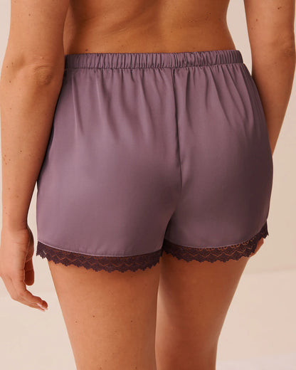 La Vie en Rose Flower Plum Bouquet Women Luxury Edition Floral Print Lace Trim Satin Shorts SKU: 60200201_P50118 Image 02