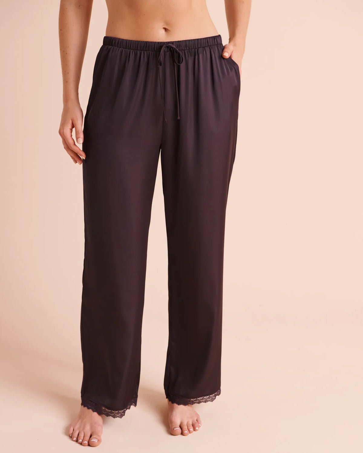 La Vie en Rose Plum Perfect Women Luxury Edition Lace Trim Satin Pants SKU: 60200202_50103 Image 01