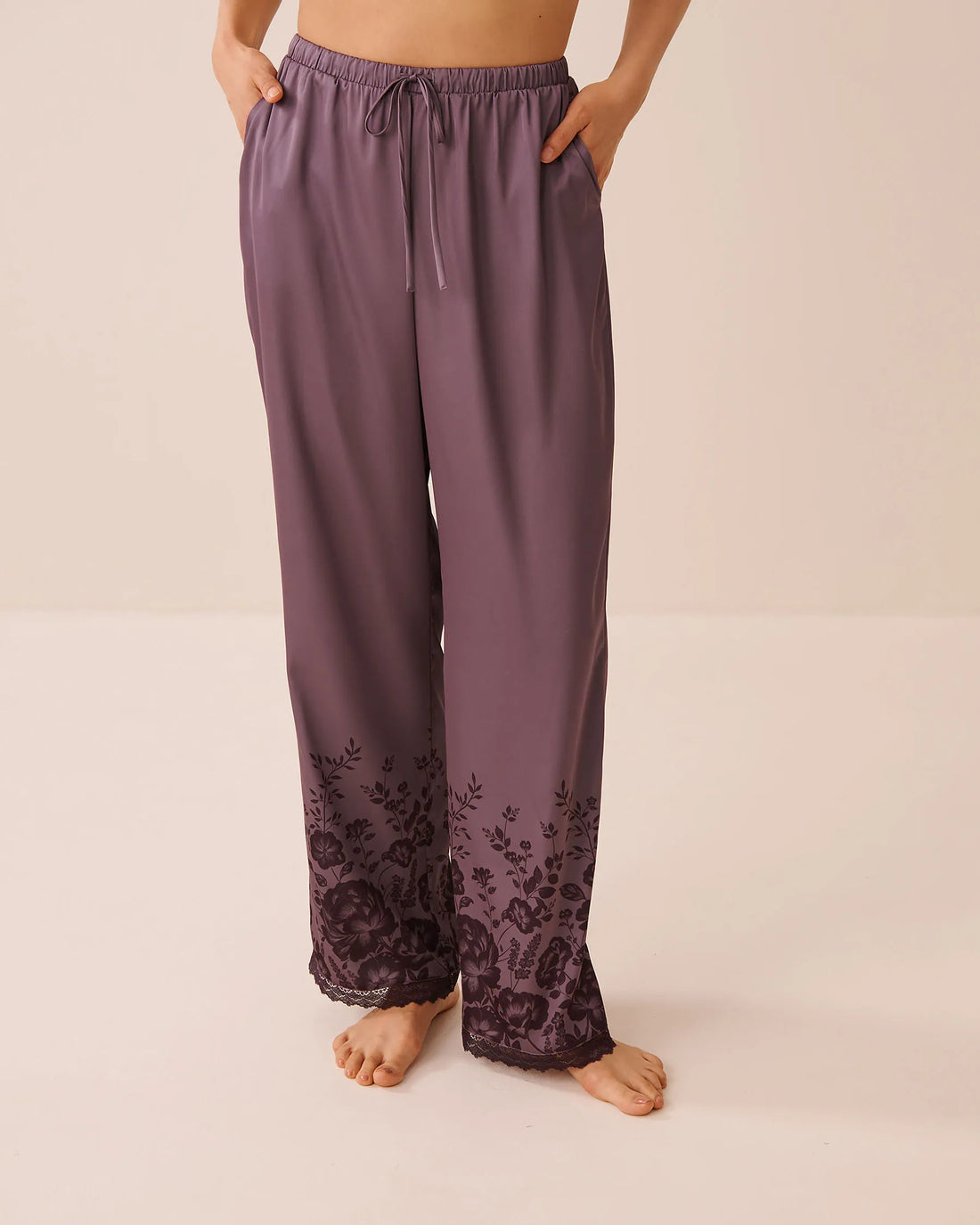 La Vie en Rose Flower Plum Bouquet Women Luxury Edition Floral Print Lace Trim Satin Pants SKU: 60200202_P50118 Image 01