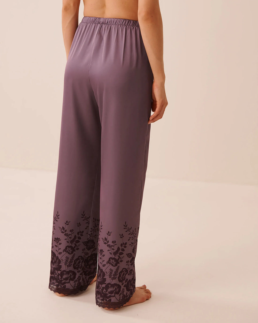 La Vie en Rose Flower Plum Bouquet Women Luxury Edition Floral Print Lace Trim Satin Pants SKU: 60200202_P50118 Image 02
