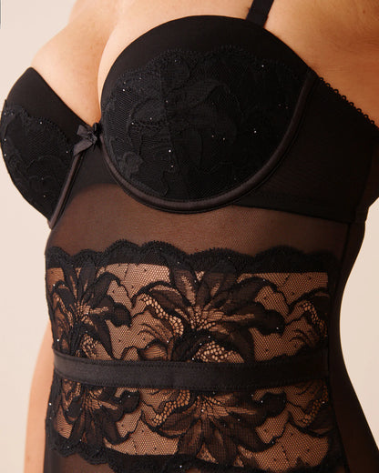 La Vie en Rose_Black Beauty_Floral Lace and Mesh Push-up Teddy with Removable _60300113_00001_04