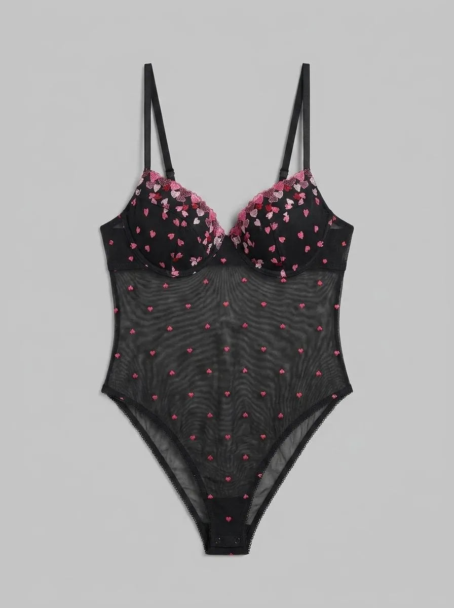 La Vie en Rose Black Beauty Women Heart Embroidered Mesh Push-up Teddy SKU: 60300118_00001 Image 00