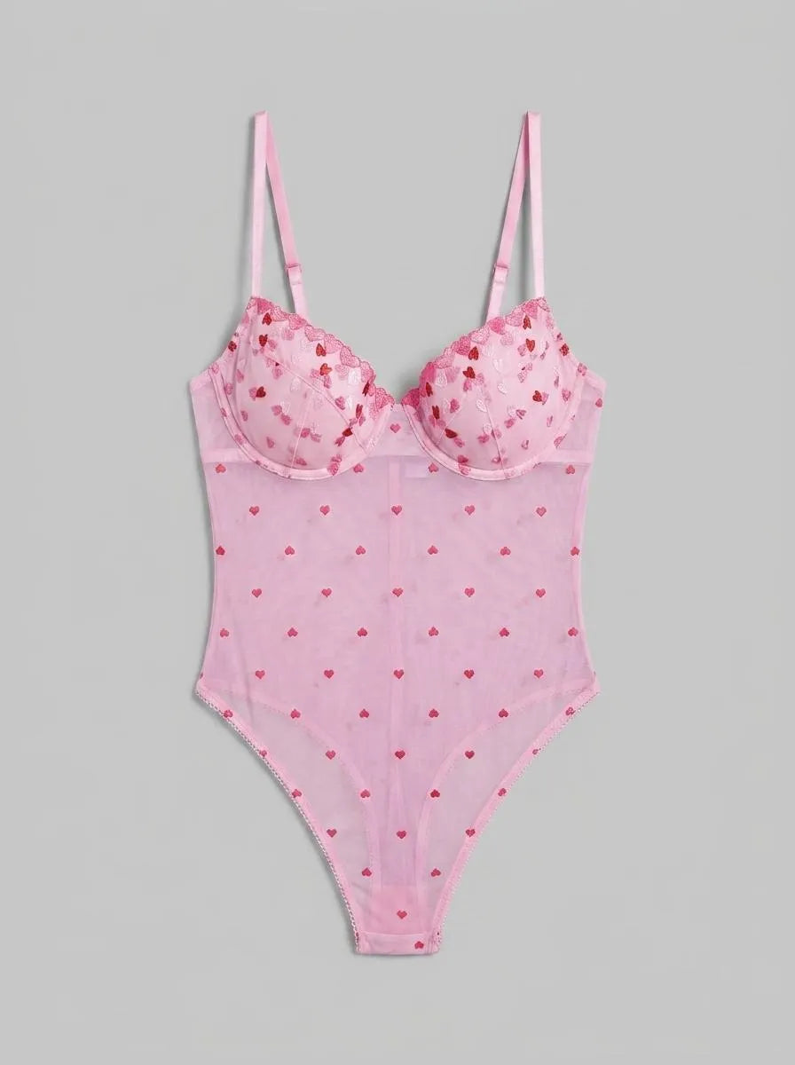La Vie en Rose Tickled Pink Women Heart Embroidered Mesh Push-up Teddy SKU: 60300118_60229 Image 00