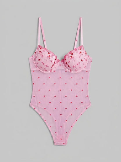La Vie en Rose Tickled Pink Women Heart Embroidered Mesh Push-up Teddy SKU: 60300118_60229 Image 00