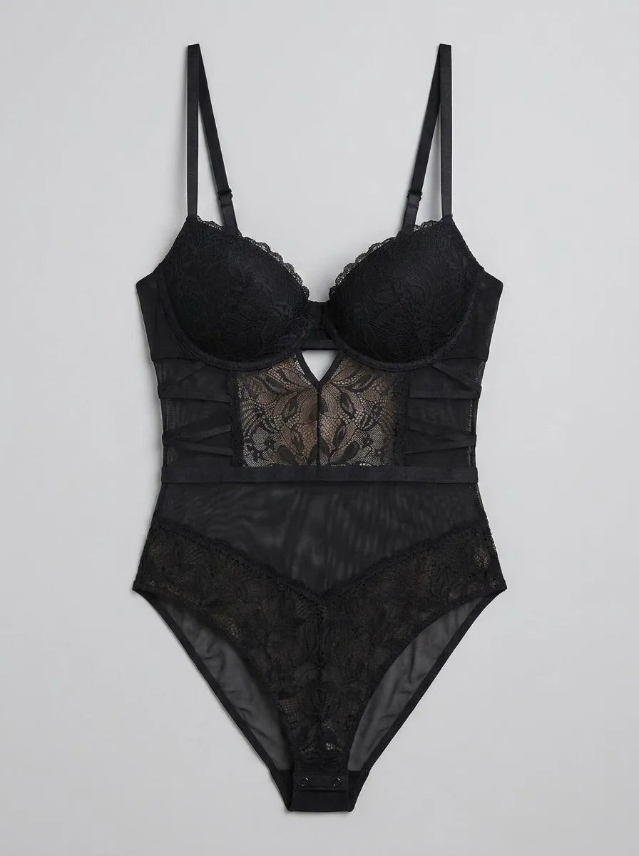 La Vie en Rose_Black Beauty_Floral Lace and Mesh Push-up Teddy_60300120_00001_00