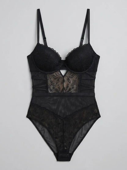 La Vie en Rose_Black Beauty_Floral Lace and Mesh Push-up Teddy_60300120_00001_00