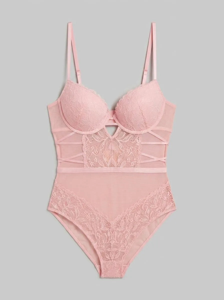 La Vie en Rose_Tickled Pink_Floral Lace and Mesh Push-up Teddy_60300120_60229_00