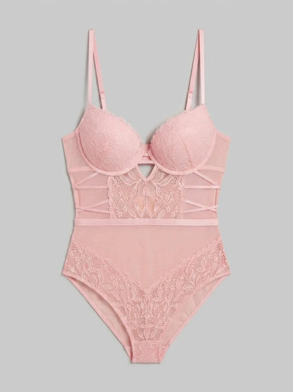La Vie en Rose_Tickled Pink_Floral Lace and Mesh Push-up Teddy_60300120_60229_00