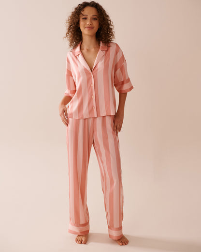 La Vie en Rose_Rose N Peach Stripe_LUXURY EDITION Striped Short Sleeve Satin Pajama Set_60400052_P60356_01
