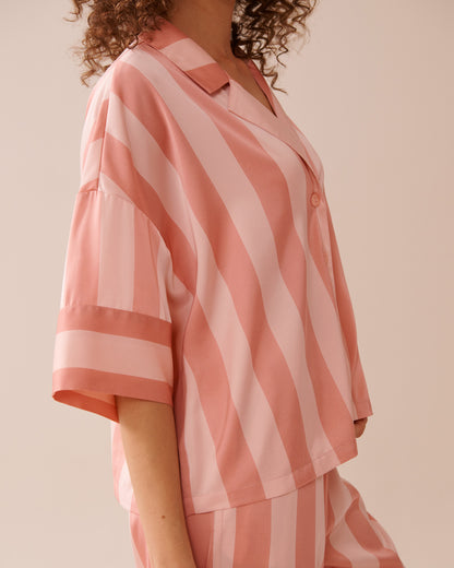 La Vie en Rose_Rose N Peach Stripe_LUXURY EDITION Striped Short Sleeve Satin Pajama Set_60400052_P60356_03