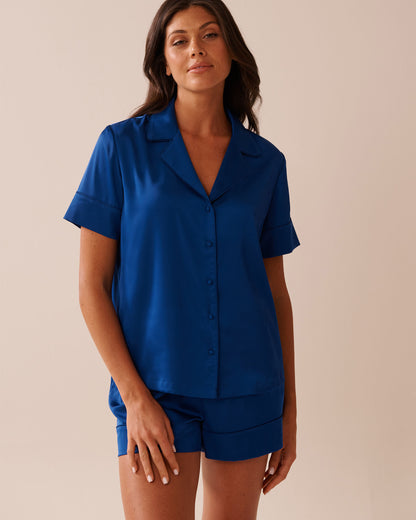 La Vie en Rose_Mazarine Blue_LUXURY EDITION Short Sleeve Satin Pajama Set_60400058_40066_01