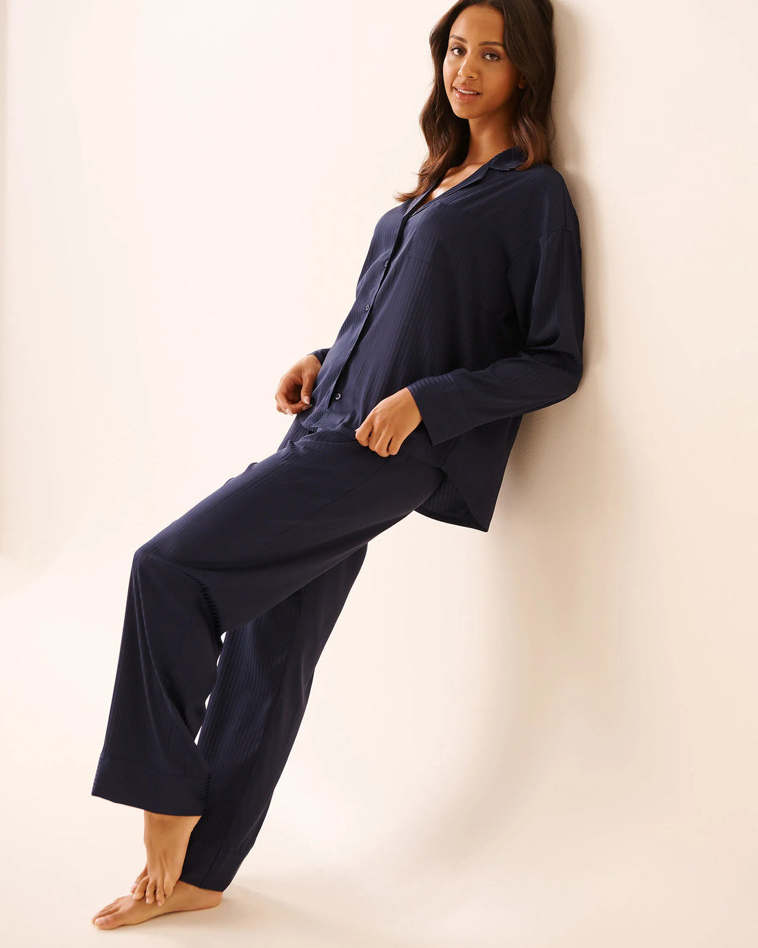 La Vie en Rose_Evening Blue Mini Stripes_Luxury Edition Jacquard Stripe Satin Pajama Set_60400064_P40517_01