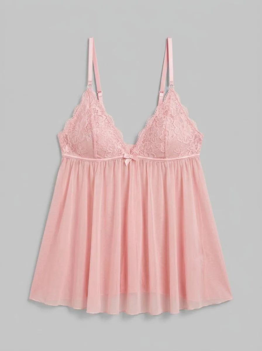 La Vie en Rose_Tickled Pink_Lace and Mesh Babydoll 2-piece Set_60400067_60229_00