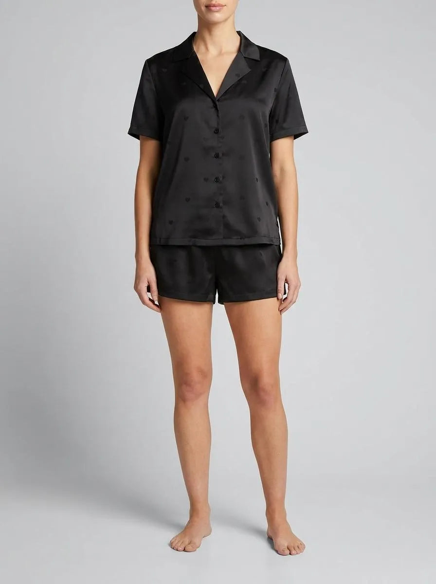 La Vie en Rose_Black Heart Jacquard_LUXURY EDITION Short Sleeve Heart Jacquard Satin Pajama Set_60400068_P00488_00