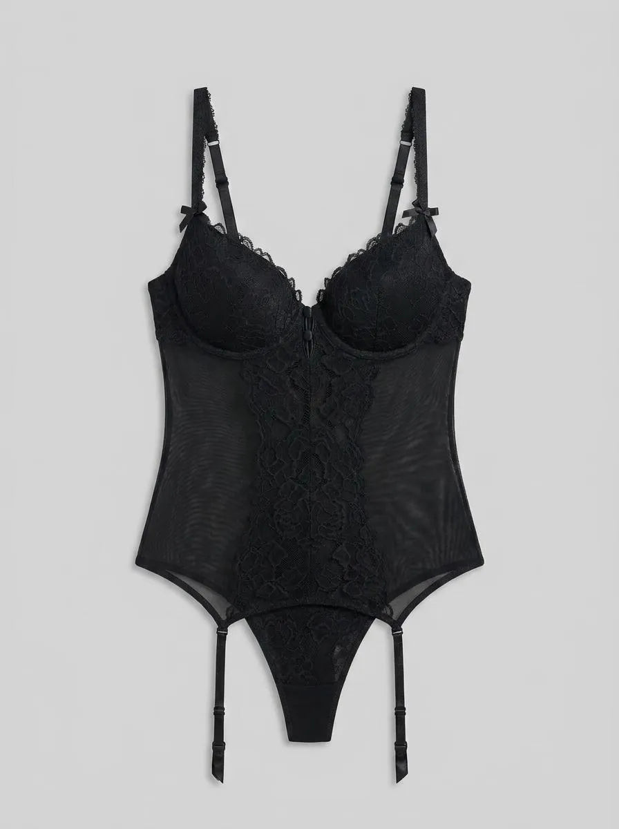 La Vie en Rose Black Beauty Women Floral Lace &amp; Mesh Bustier Set SKU: 60400070_00001 Image 00