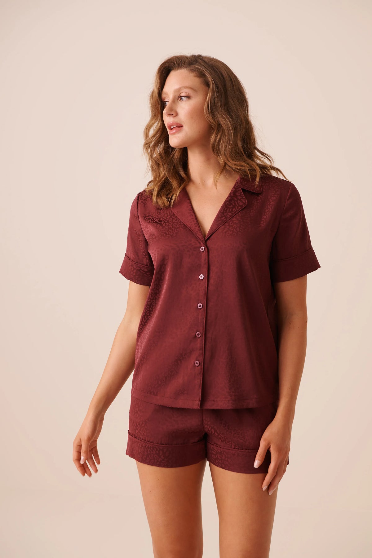 La Vie en Rose Burgundy Jacquard Leopard Women Luxury Edition Leopard Jacquard Short Sleeve Satin Pajama Set SKU: 60400082_P50107 Image 01