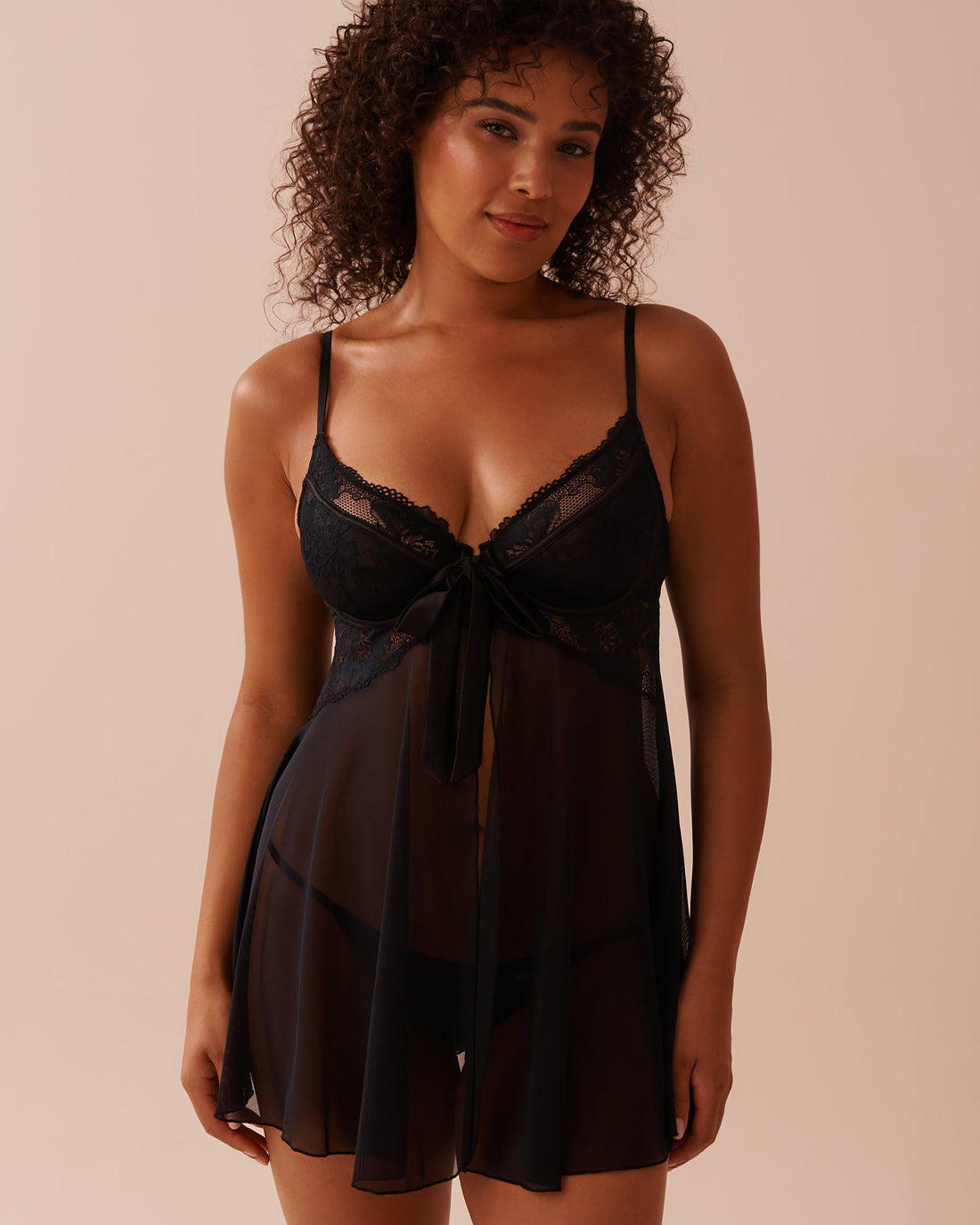 Open Front Lace and Mesh Babydoll with Satin Bow_60500165_00001_01